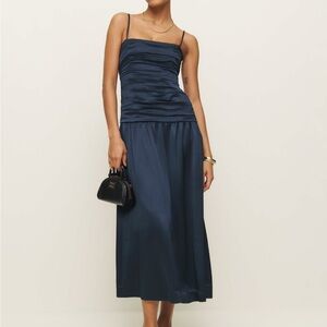 Reformation Zeya Satin Navy Blue Midi Dress